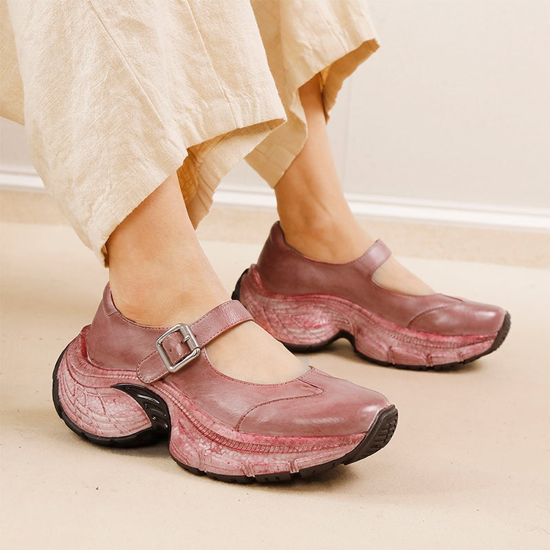 Chunky Platform Water Washed Cow Leather Mary Jane Shoes with Buckle Strap in Light Grey/Pink Purple