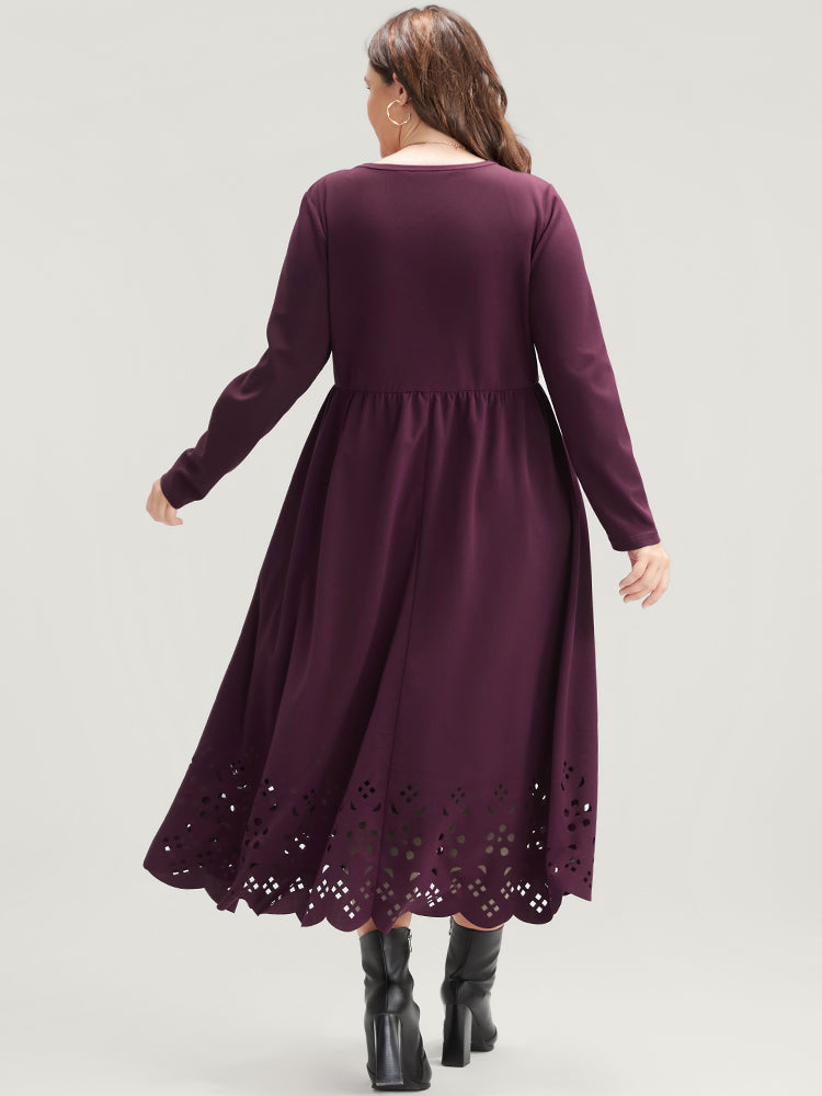 Solid Round Neck Laser Cut Pocket Midi Dress