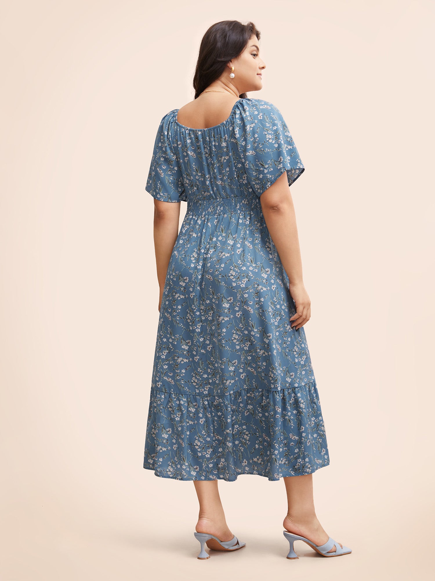 Ditsy Floral Pocket Square Neck Shirred Ruffles Dress