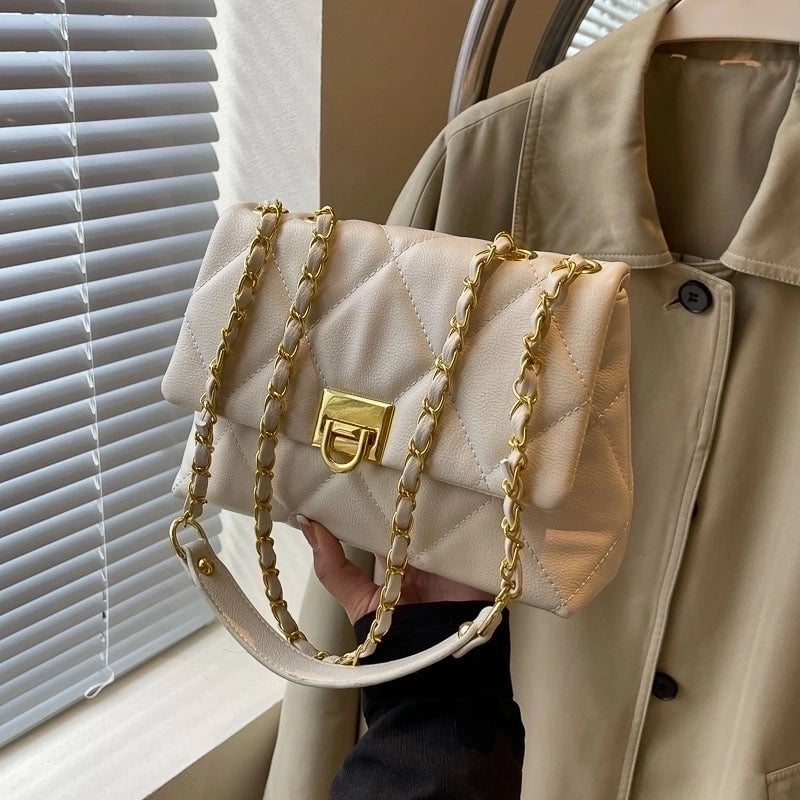 Women's Lingge Classic Style Sewing Thread Square Lock Clasp Shoulder Bag