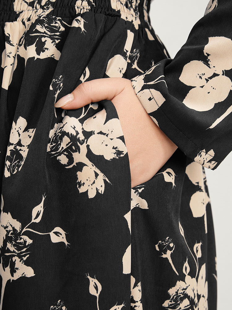 Floral V Neck Button Pocket Shirred Midi Dress