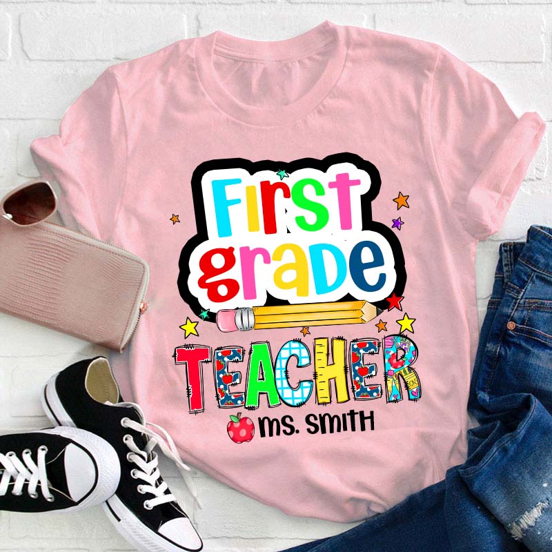 Personalized Grade And Name Color Pencil Stars Red Apple Teacher T-Shirt