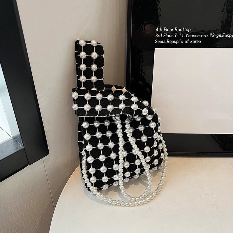 Women's Medium Knit Lattice Solid Color Basic Vintage Style Pearls Square Open Shoulder Bag