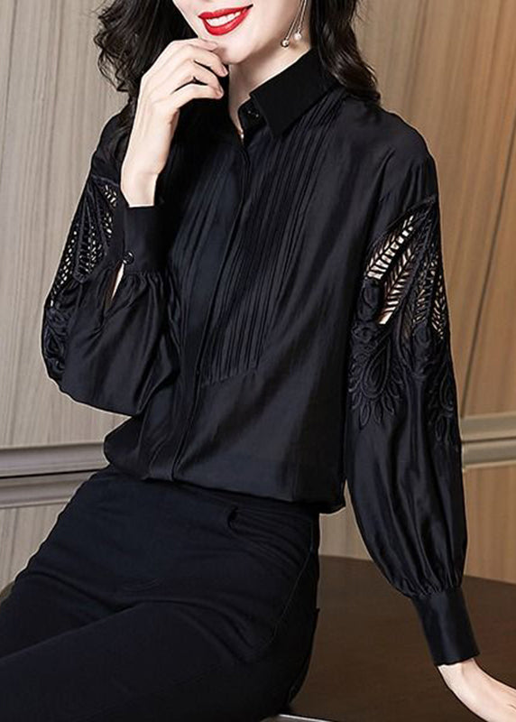 Stylish Black Embroidered Hollow Out Shirt Puff Sleeve Spring