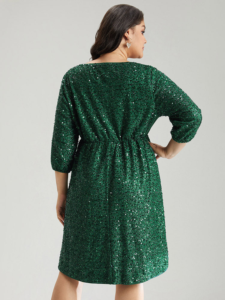 Sequin Overlap Collar Elastic Waist Knee Dress
