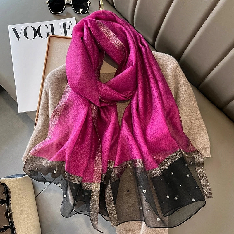 Women's Minimalist Color Block Satin Pearl Silk Scarf