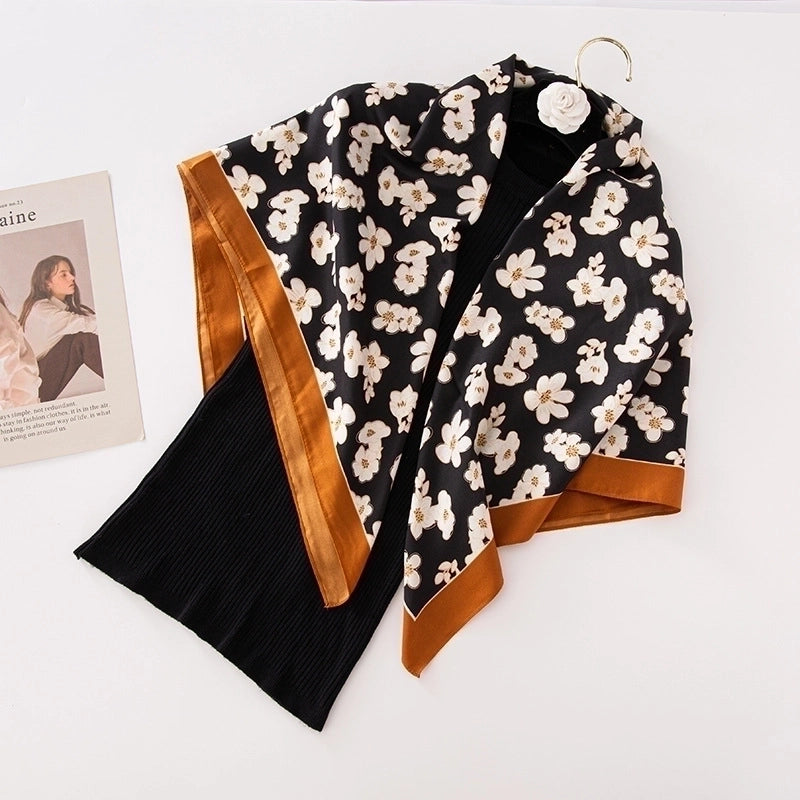 Women's Basic Minimalist Color Block Flower Satin Silk Scarf