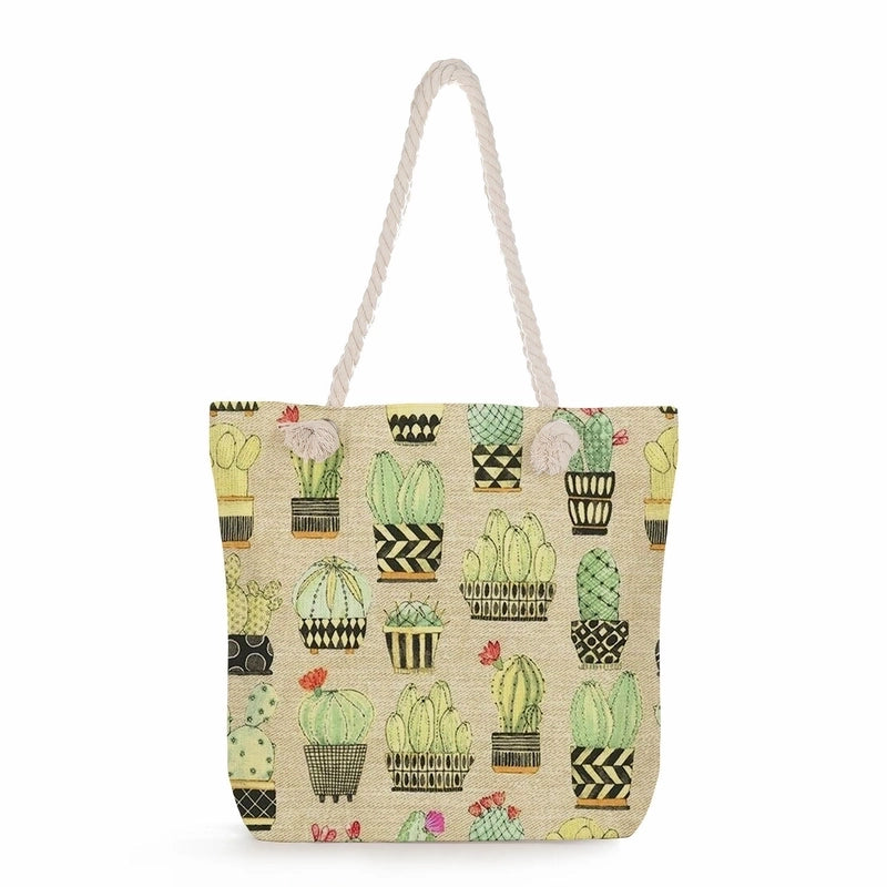 Women's Medium Linen Cactus Vacation Classic Style Square Zipper Tote Bag Beach Bag