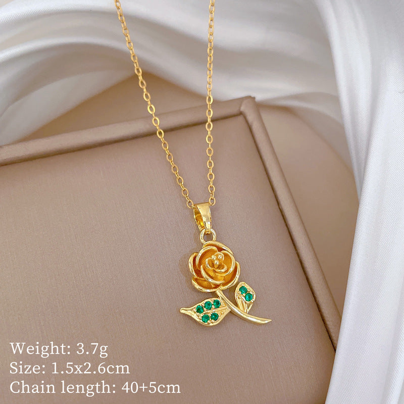 Green Leaf Rose Zircon Gorgeous Full Diamond Necklace Female Versatile Clavicle Chain Titanium Steel Chain