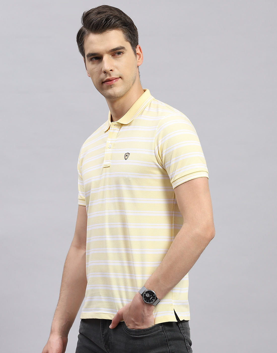 Men Yellow Stripe Polo Collar Half Sleeve T-Shirt