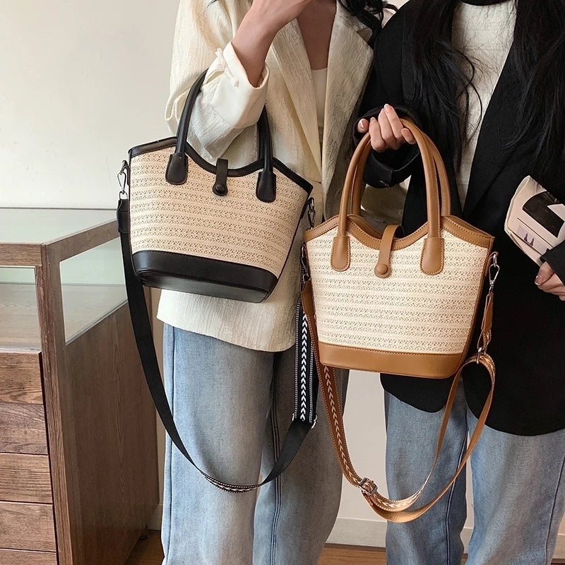 Women's Medium Straw Solid Color Vacation Classic Style Weave Zipper Tote Bag