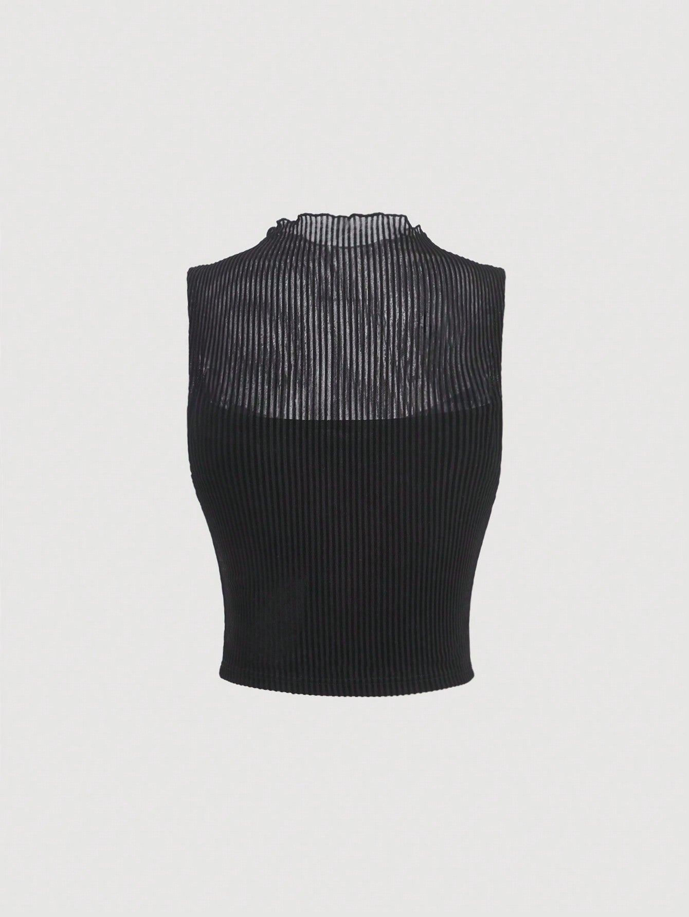 Parien Mock Neck Ribbed Knit Tank Top and Floral Print Lettuce Trim Mesh Overlay Skirt