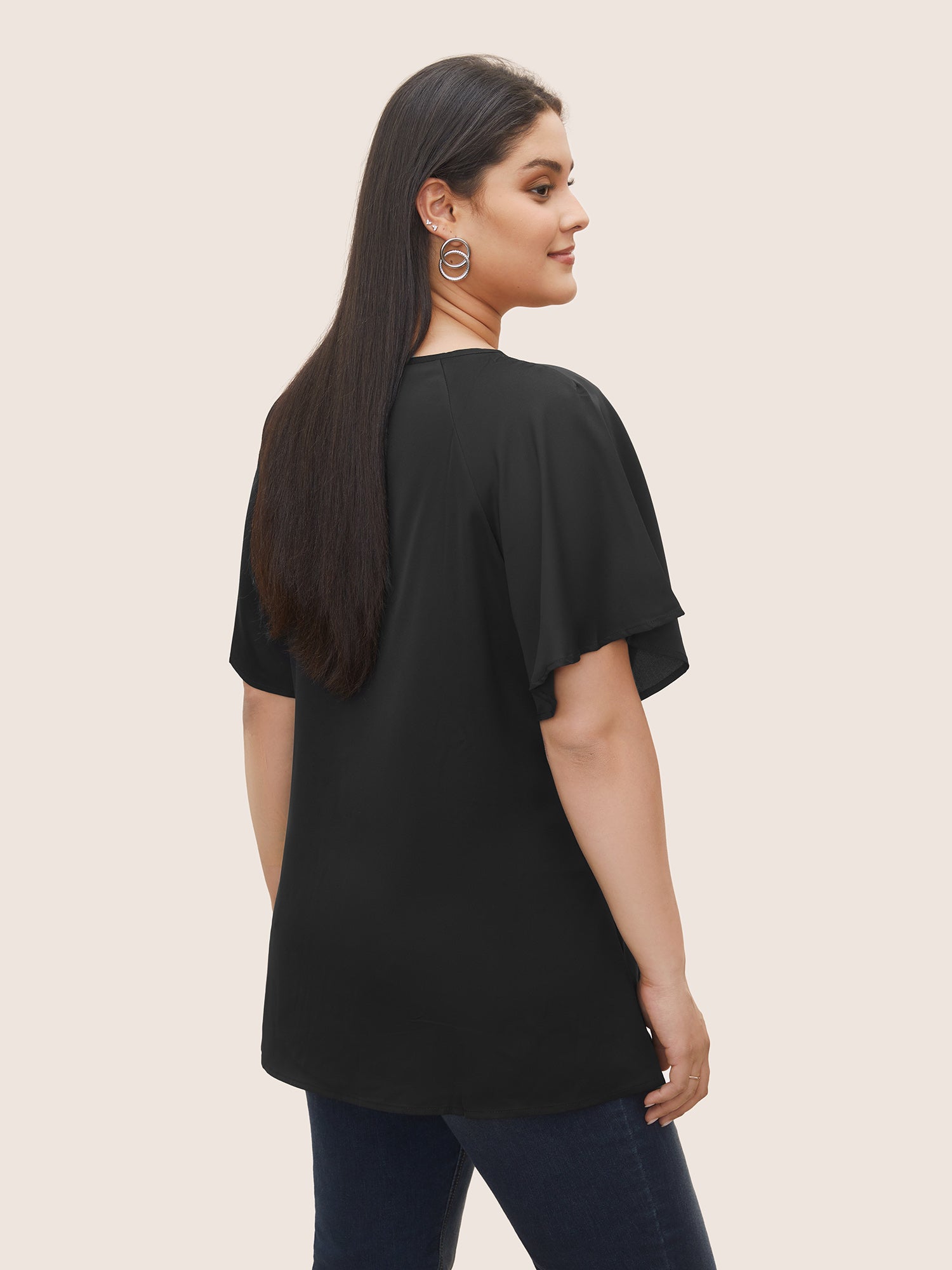 Plain Keyhole Knotted Front Ruffle Sleeve Blouse