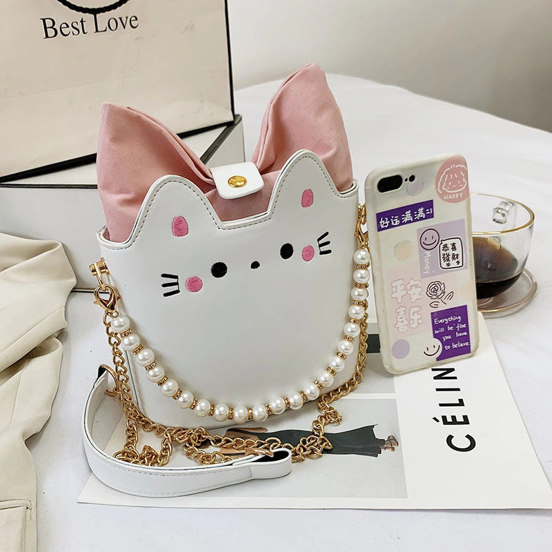 Women's Small Pu Leather Cat Cute Streetwear Pearls Bucket Magnetic Buckle Crossbody Bag