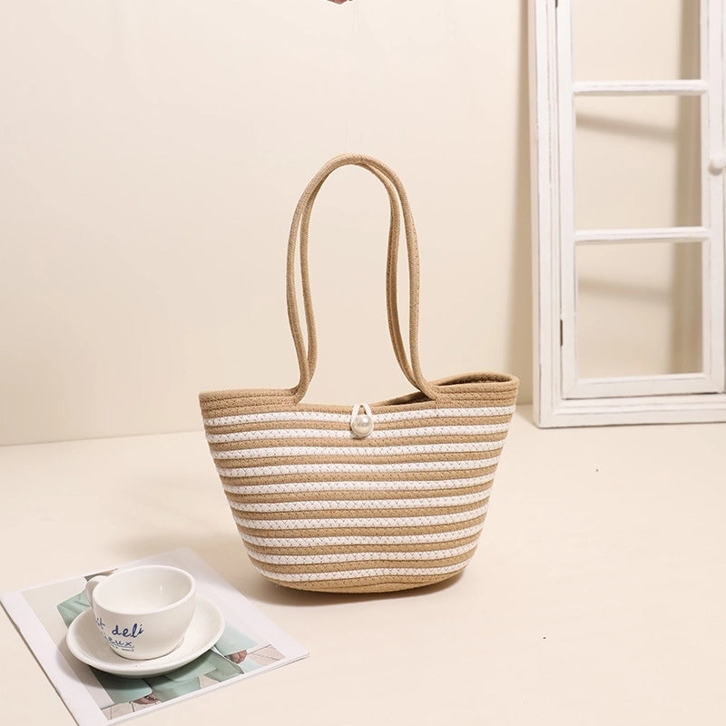 Women's Medium Polyester Stripe Classic Style Square Open Straw Bag
