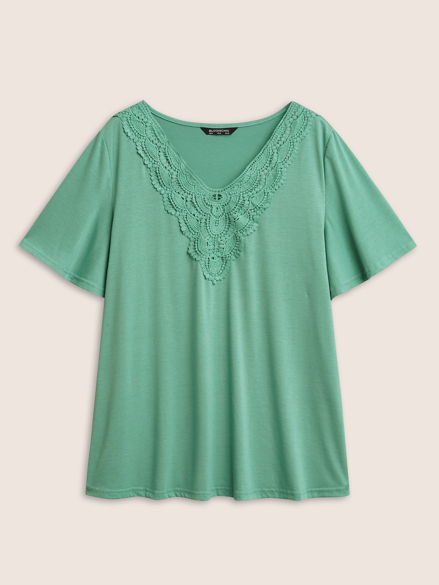 Solid Ruffle Sleeve Lace V Neck T-shirt