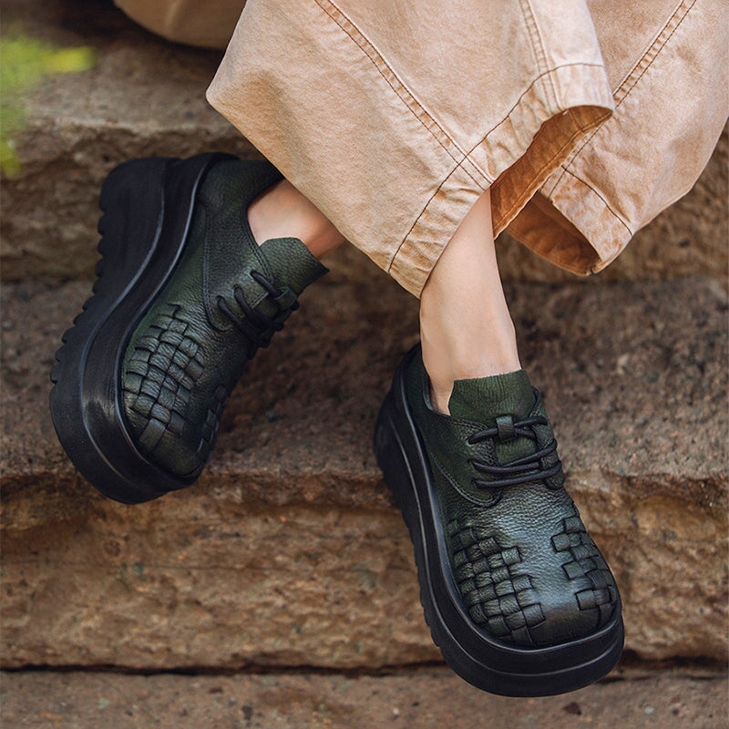 Vintage 90mm Leather Platform Lace Up Shoes For Women Big Round Toe in Green/Black