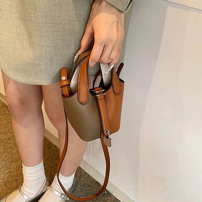 Girl'S Pu Leather Color Block Streetwear Bucket Lock Clasp Shoulder Bag Handbag Crossbody Bag