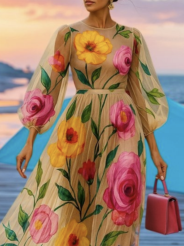 Loose Puff Sleeves Flower Print See-Through Round-Neck Midi Dresses