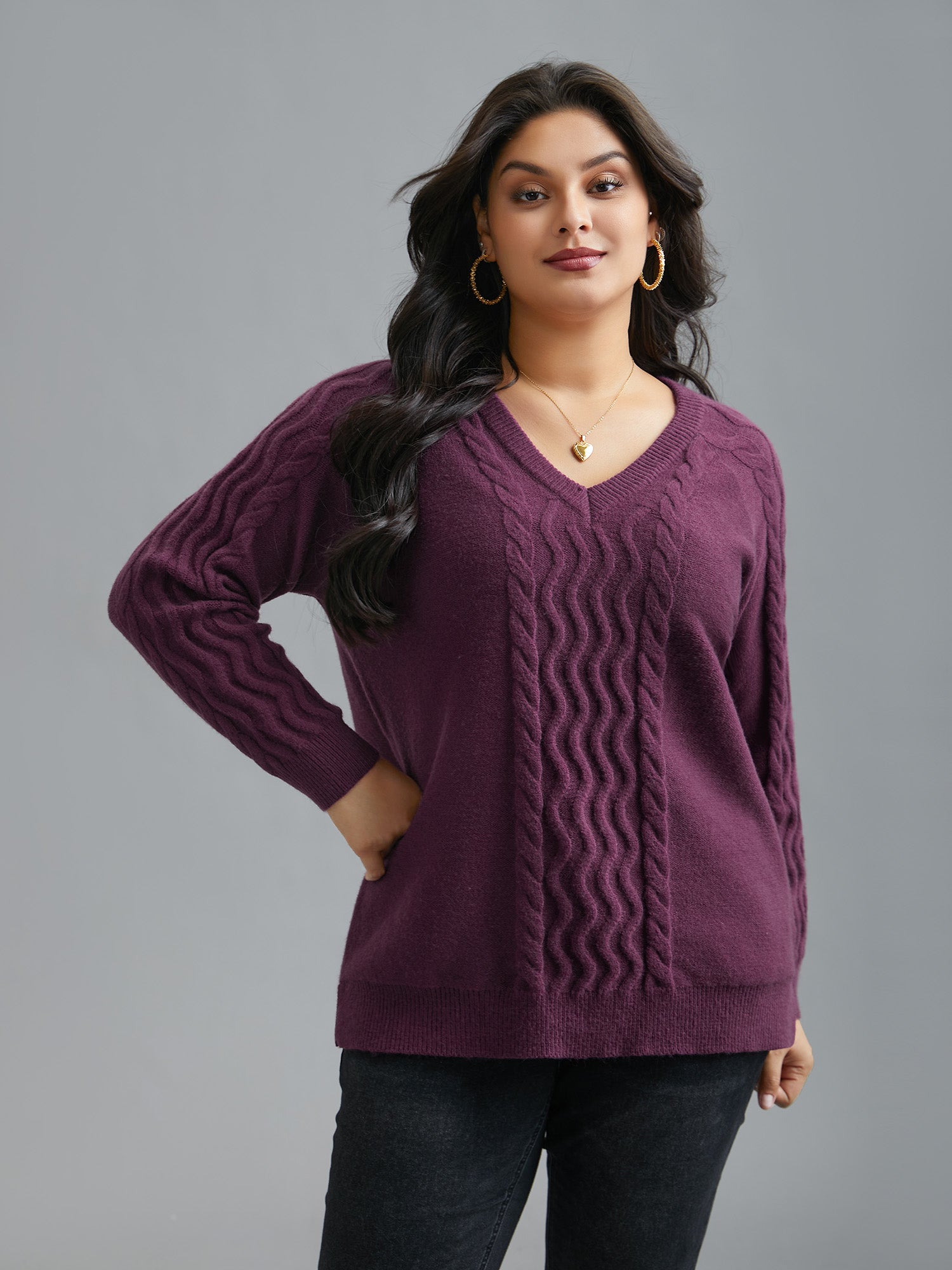 Plain V Neck Cable Knit Pullover