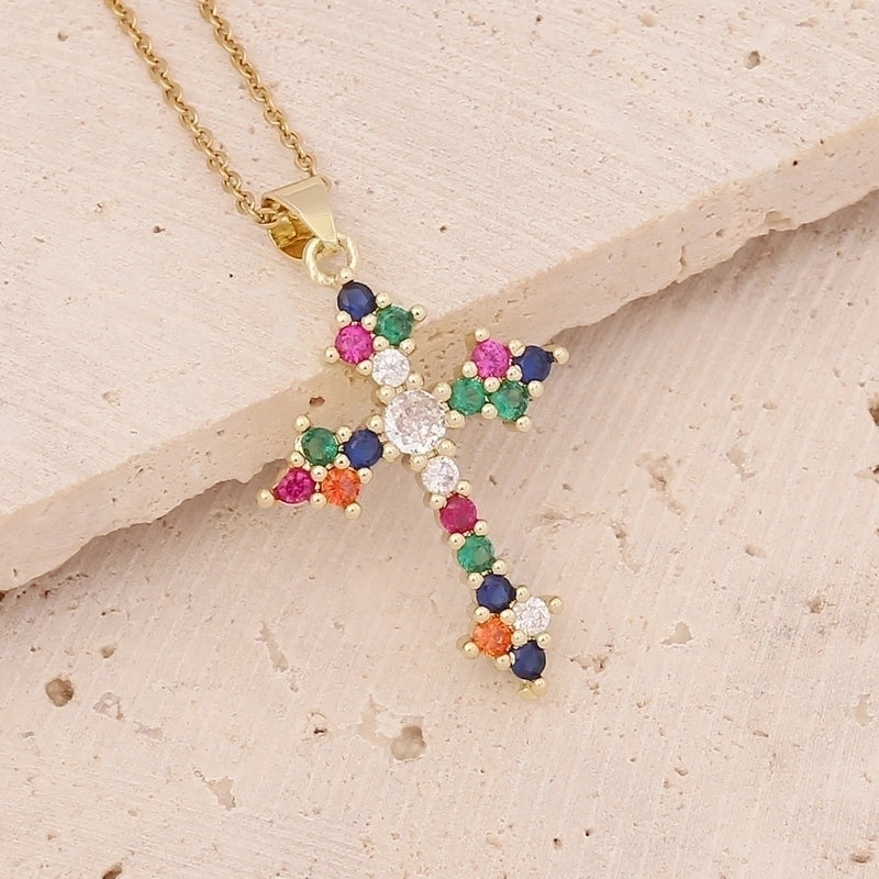 Fashion Cross Copper Inlaid Zircon 18K Gold Plated