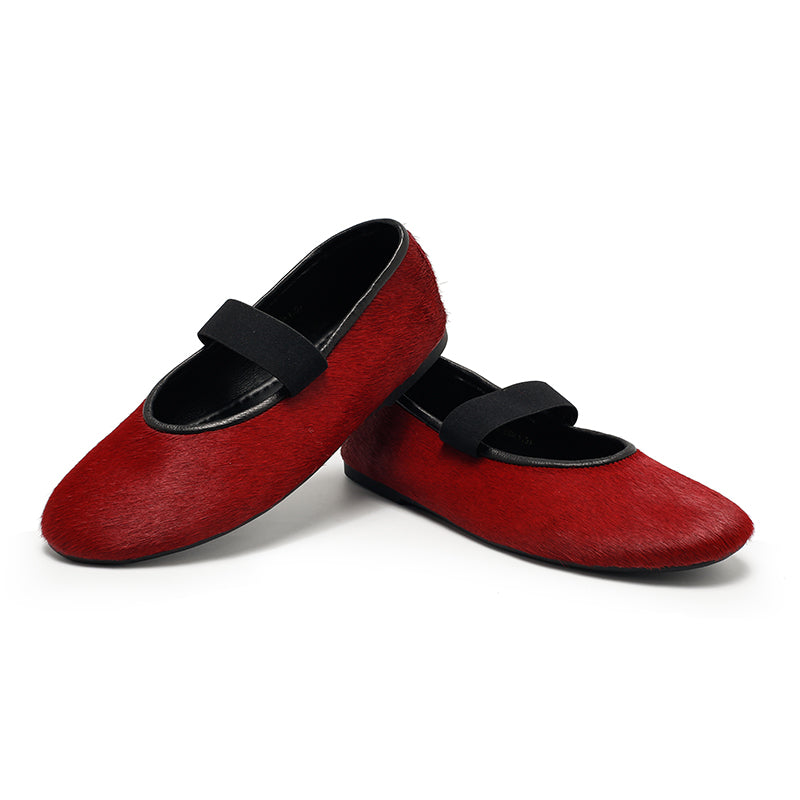 Elegant Round Toe Soft Leather Mary Jane Flats in Red/Black/Wine Red