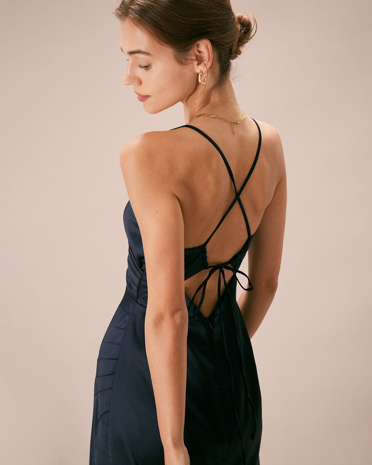 The Navy V-Neck Ruched Satin Sling Maxi Dress