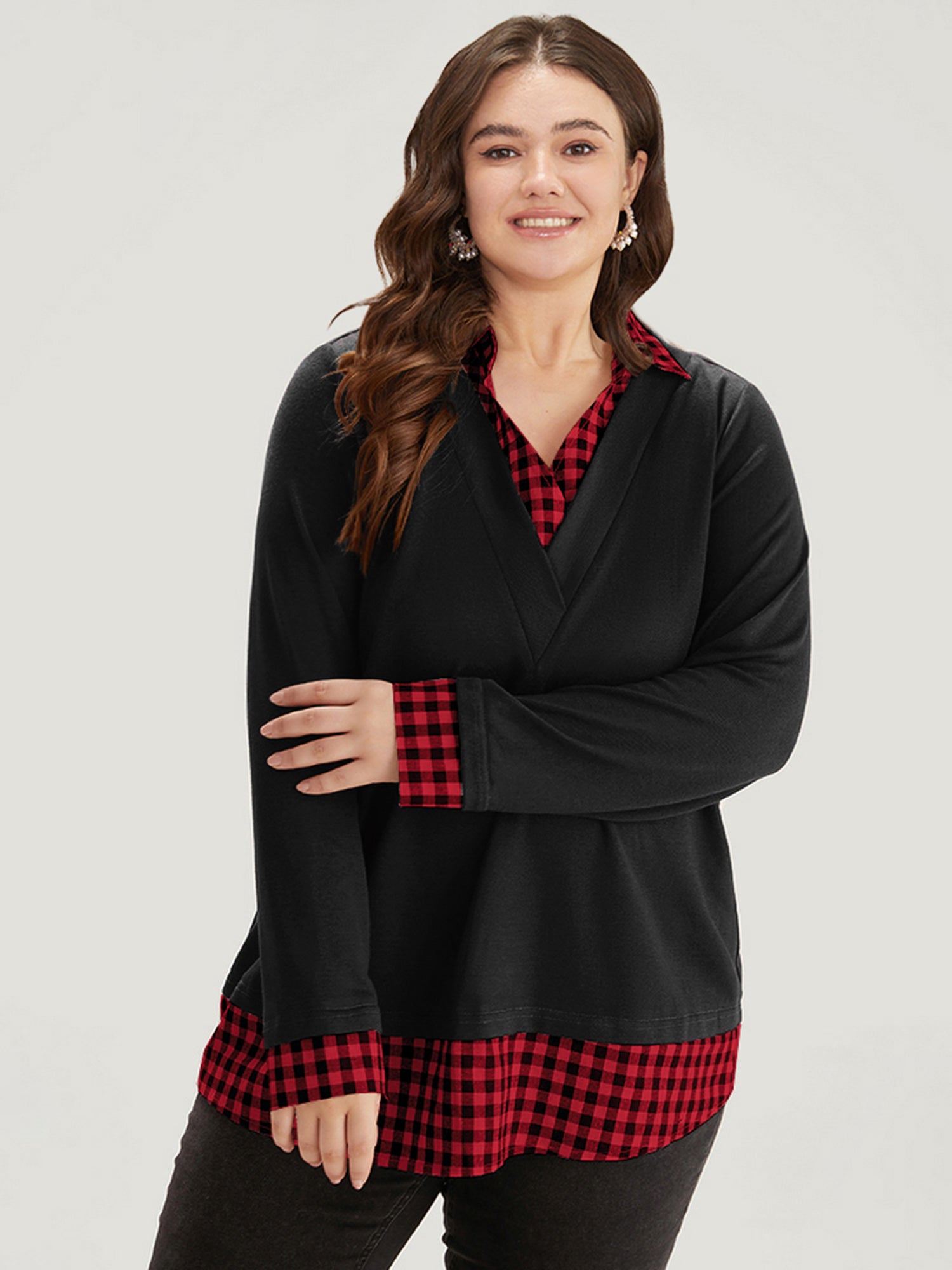 Gingham Patchwork Shirt Collar Arc Hem Sweatshirt