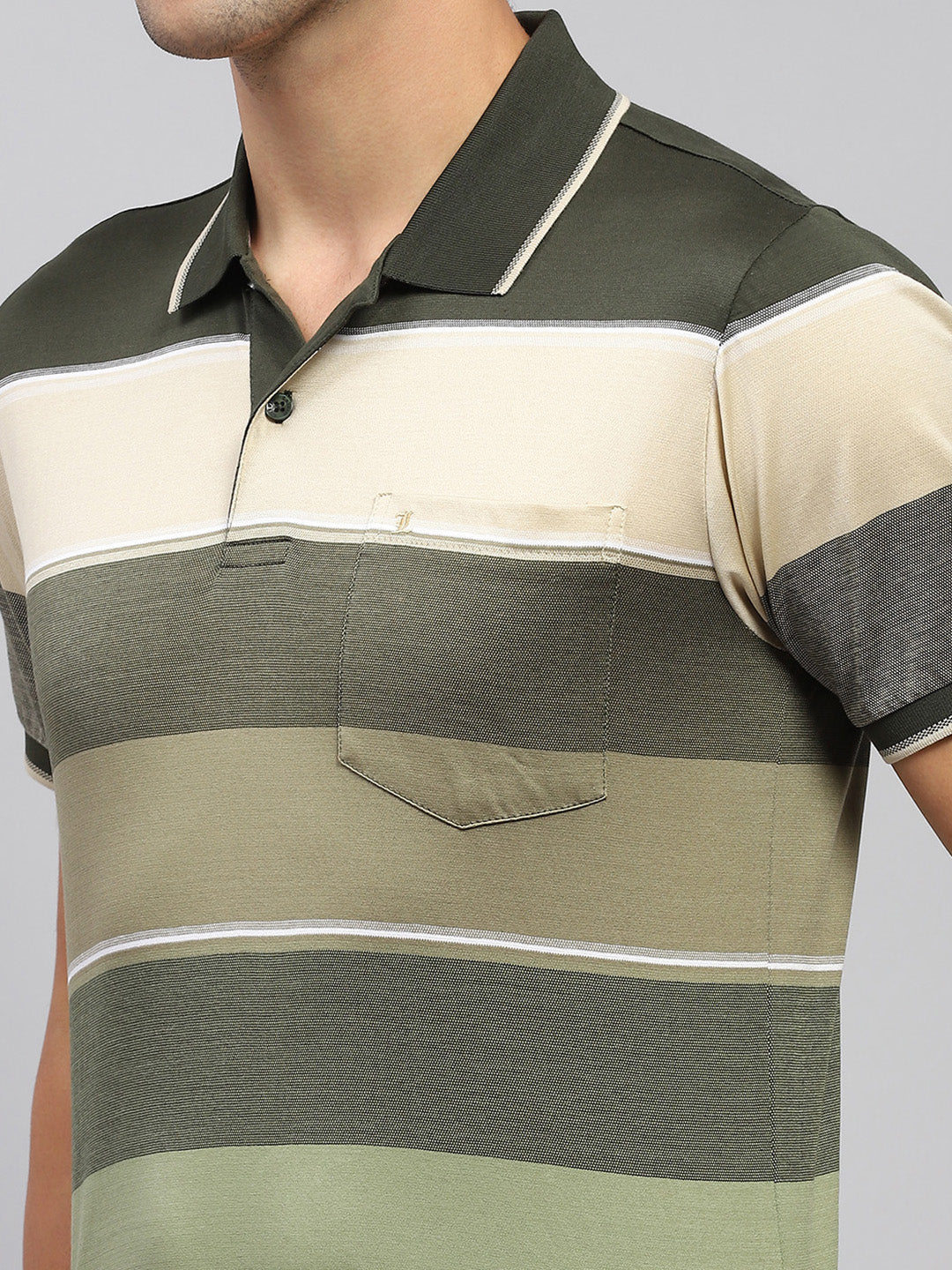 Men Olive Stripe Collar Half Sleeve T-Shirt