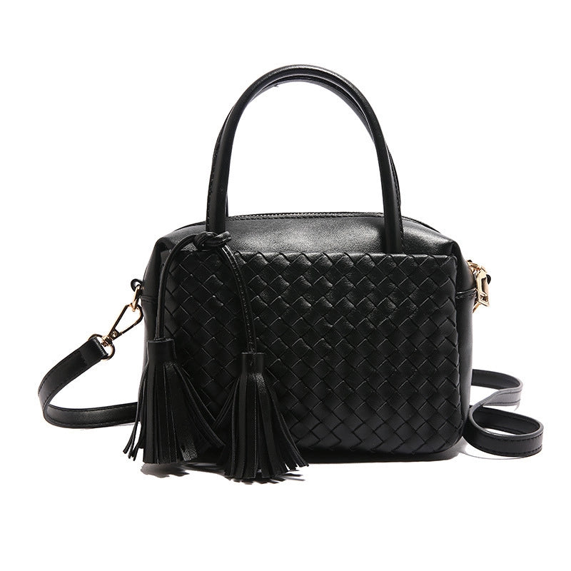 Women's Pu Leather Solid Color Basic Tassel Weave Square Zipper Handbag Crossbody Bag