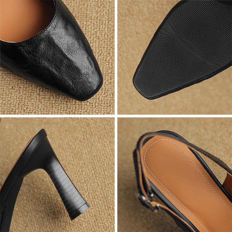 Elegant Square-Toe Slingback Pumps 80mm Kitten Heel Handmade Leather Sandals in Green/Black/Beige