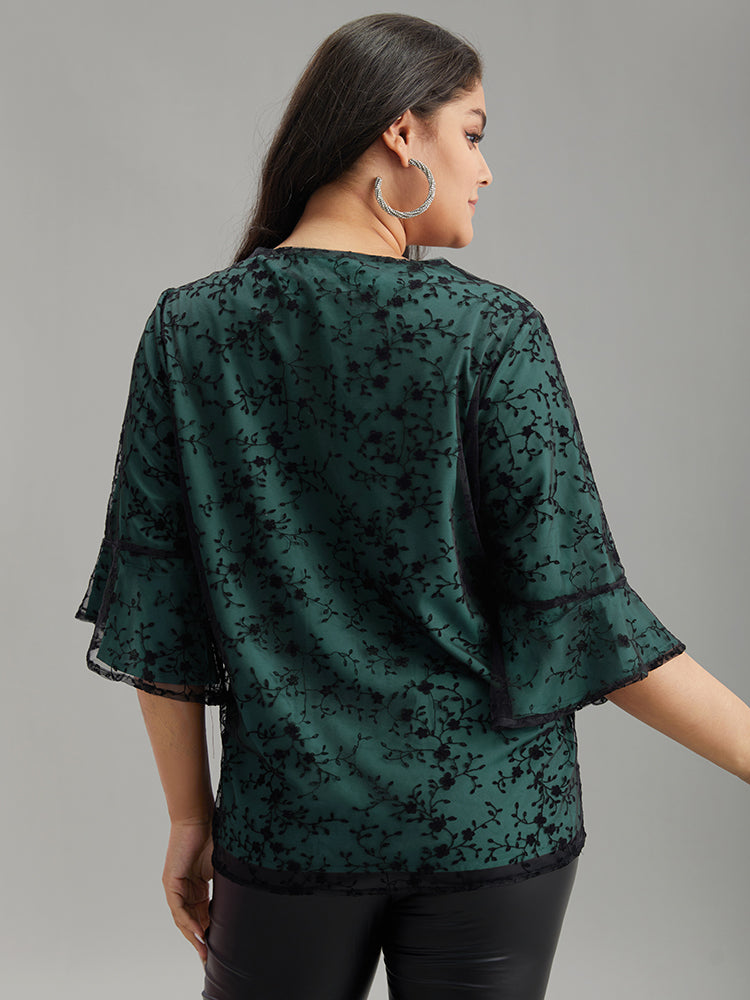 Crochet Lace Mesh Bell Sleeve Blouse