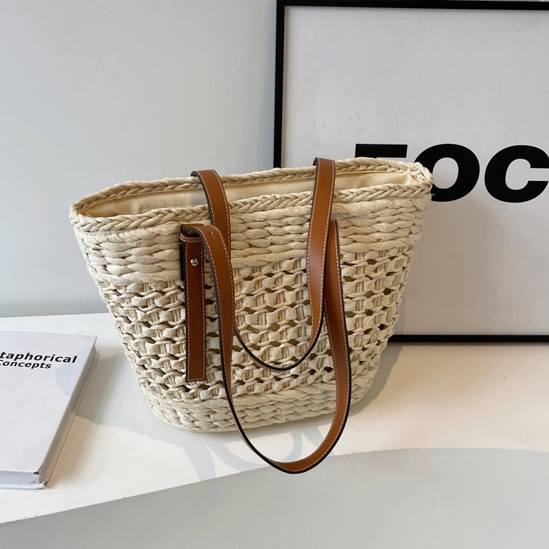 Women's Large Straw Solid Color Vacation Beach Zipper Straw Bag