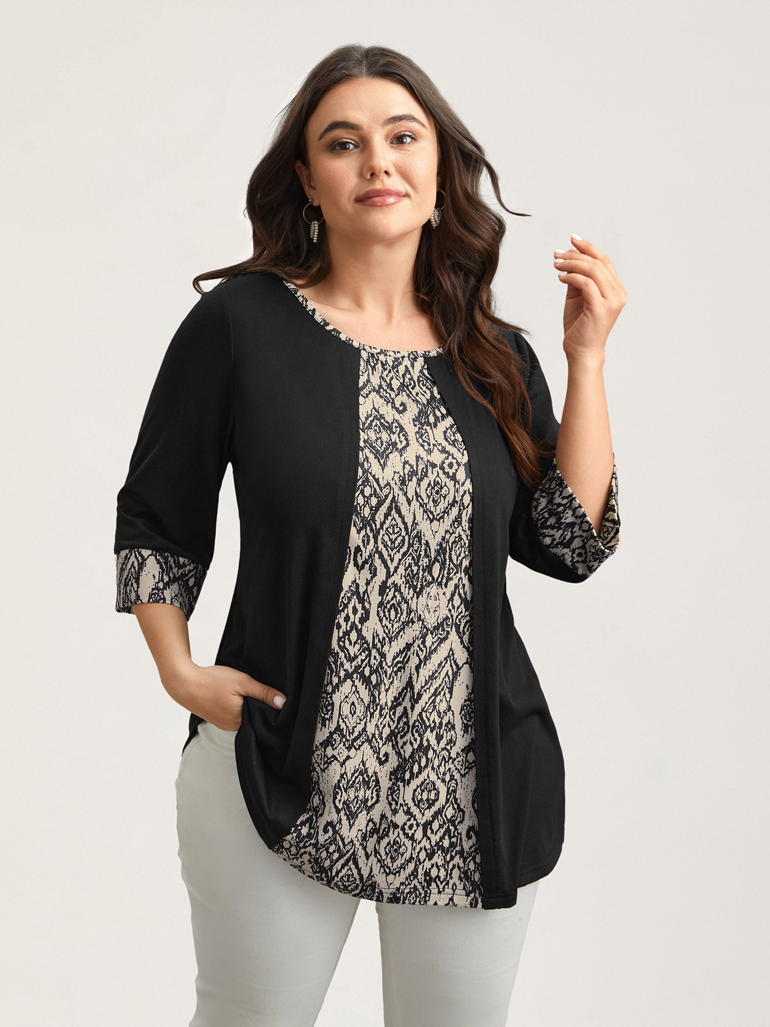 Print Patchwork Round Neck Knit Top