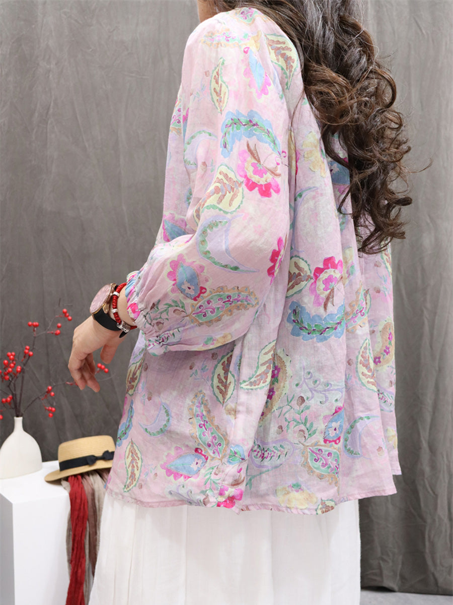 Women Summer Vintage Flower Hooded Ramie Shirt