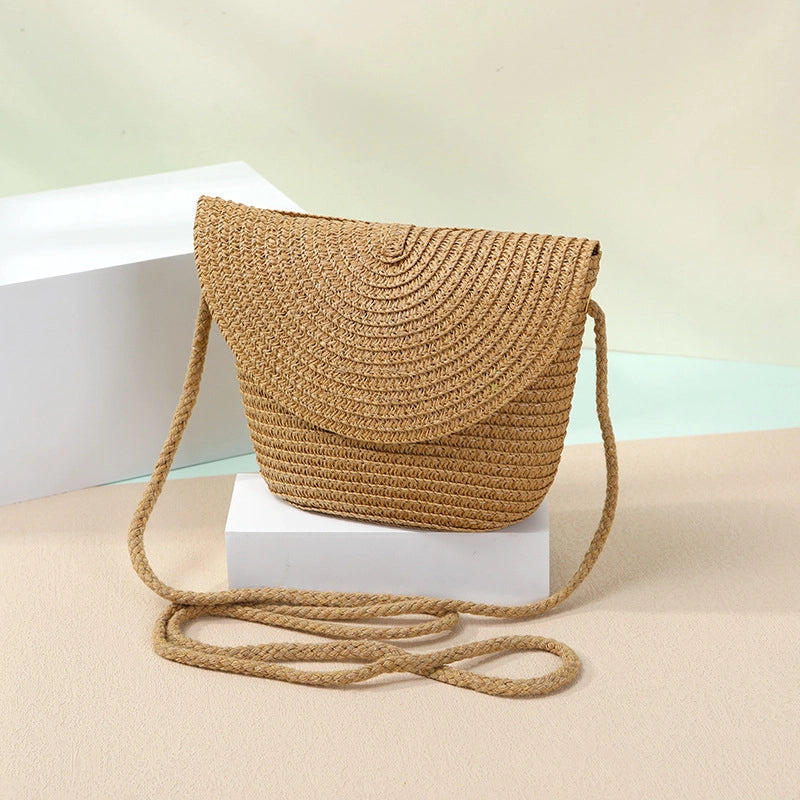 Women's Straw Solid Color Beach Weave Square Zipper Flip Cover Straw Bag