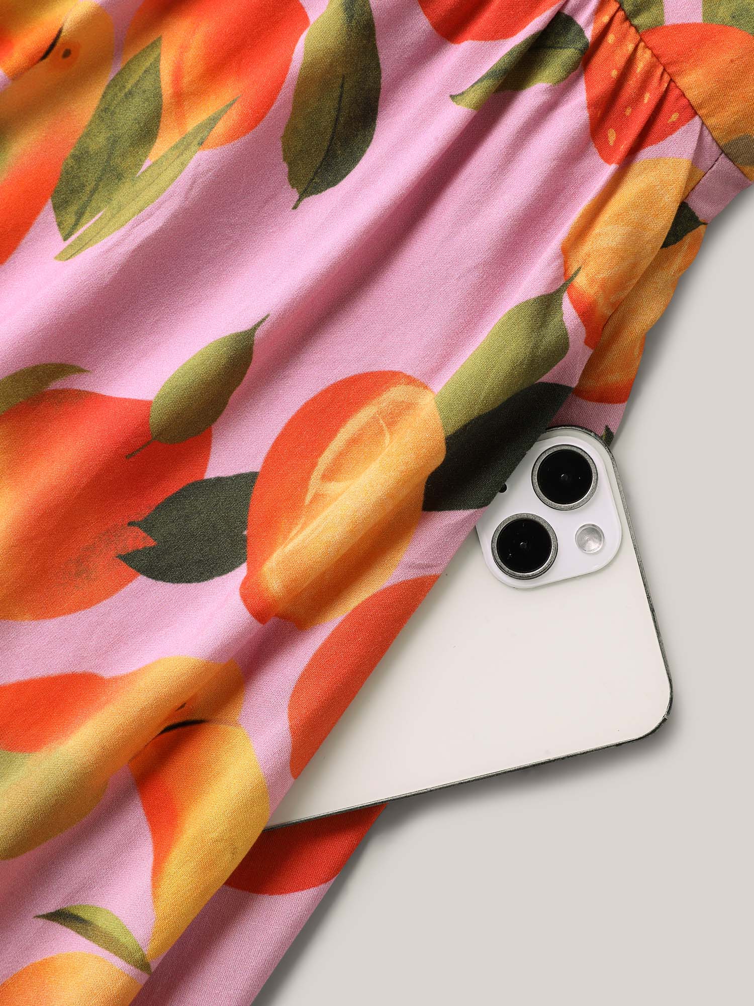 Citrus Print Pleated Sweetheart Midi Dress