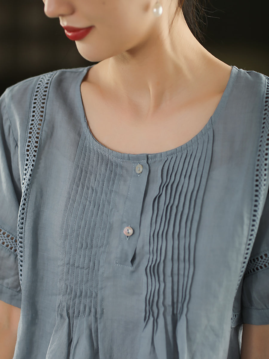Women Summer Artsy Shirred O-Neck 100%Ramie Shirt