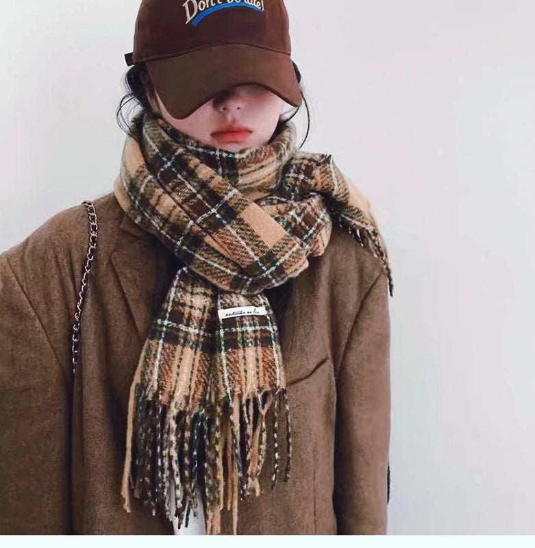 New Plaid Autumn And Winter White Scarf Women's  Atmosphere Warm Soft Tassel Shawl Scarf