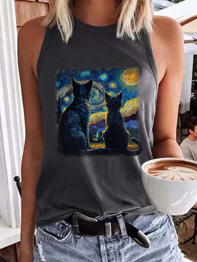 Women's Starry Night Black Cat Print Vest