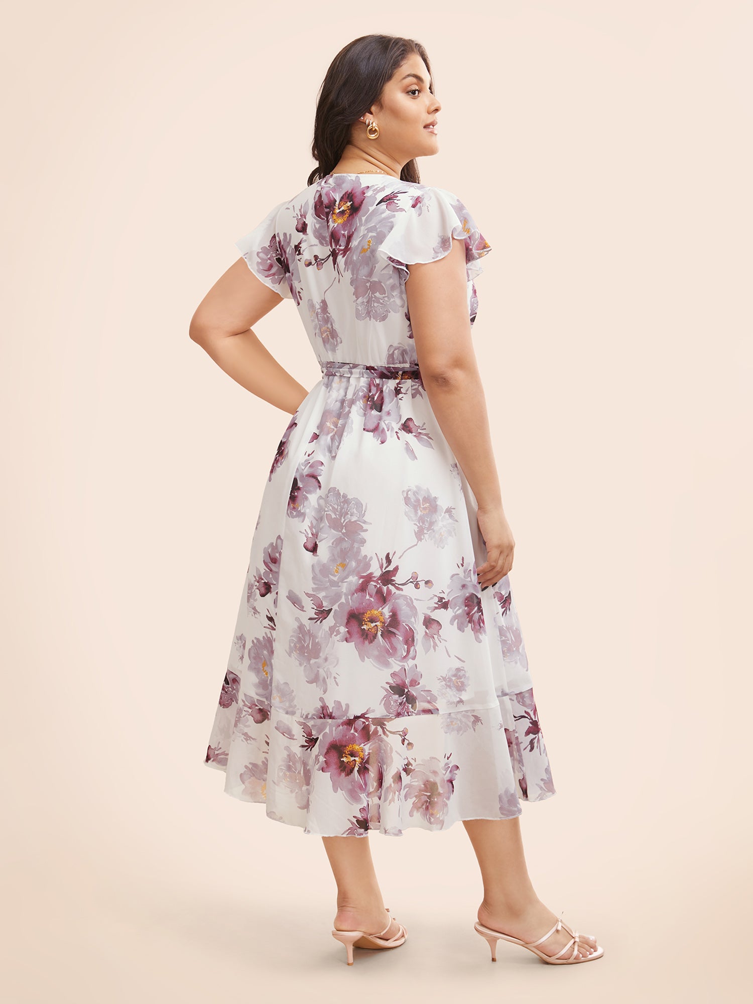 Floral Overlap Collar Ruffle Cap Sleeve Dress