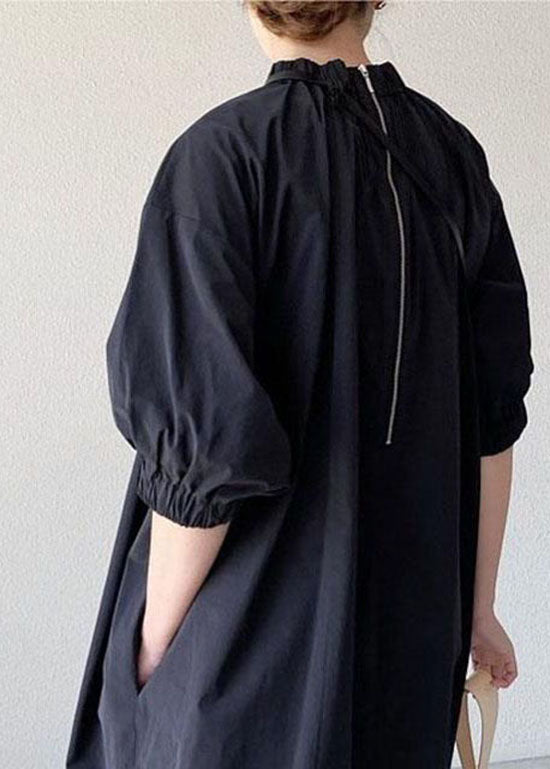 Handmade Black Stand Collar Patchwork Cotton Long Dress Half Sleeve Summer