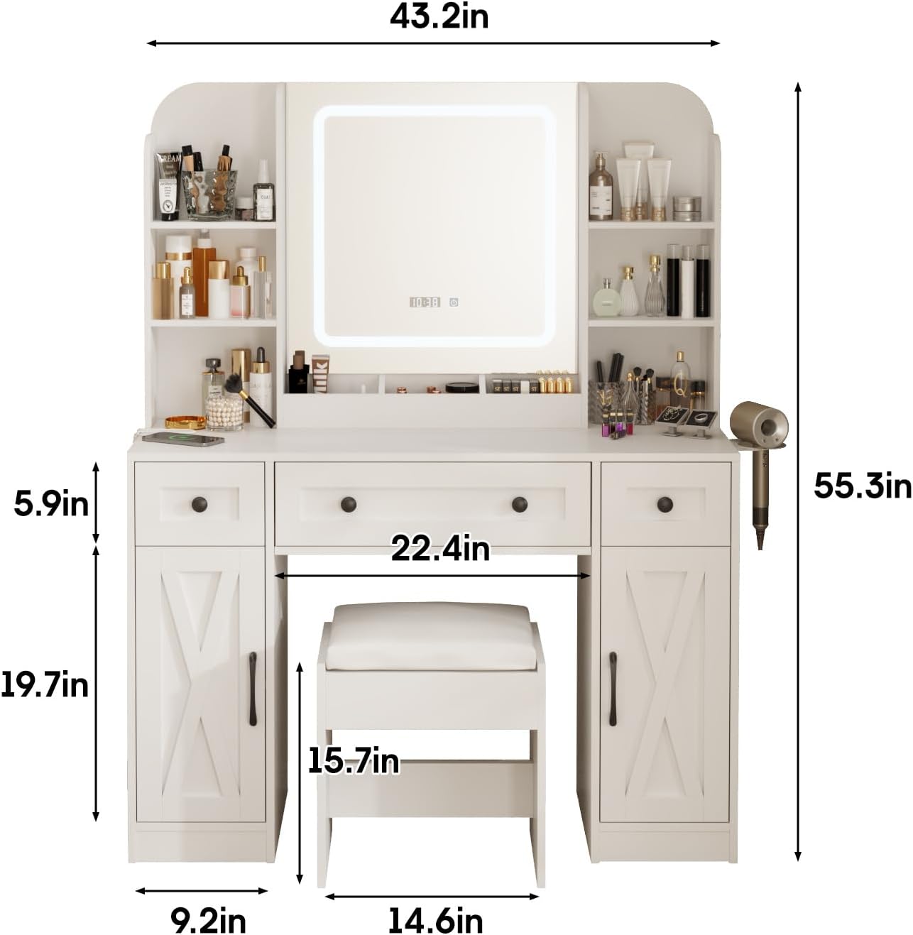 Vanity Table White Makeup Vanity Desk with Large Storage Drawers and Shelves