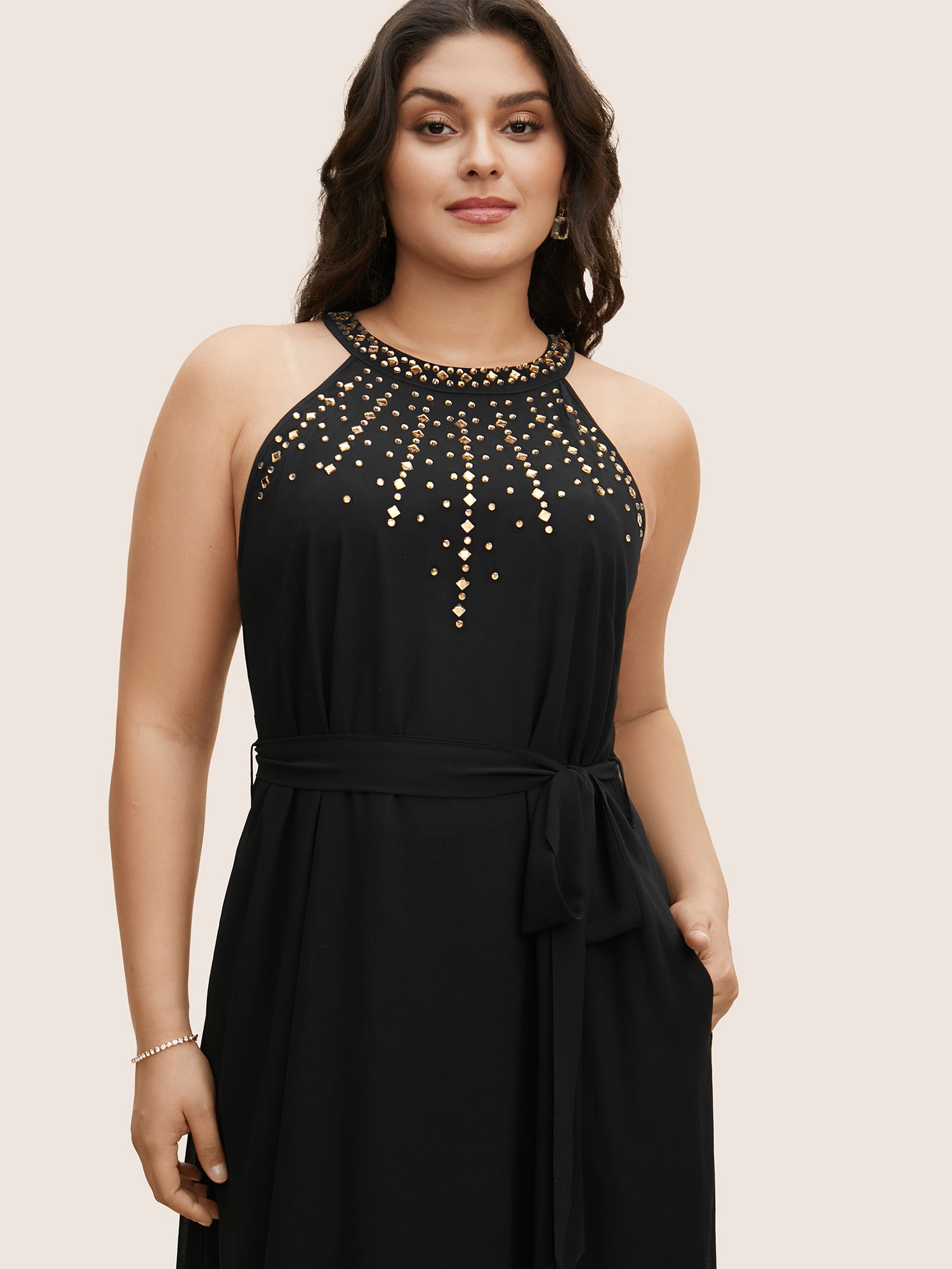 Halter Neck Rhinestone Detail Asymmetrical Hem Dress