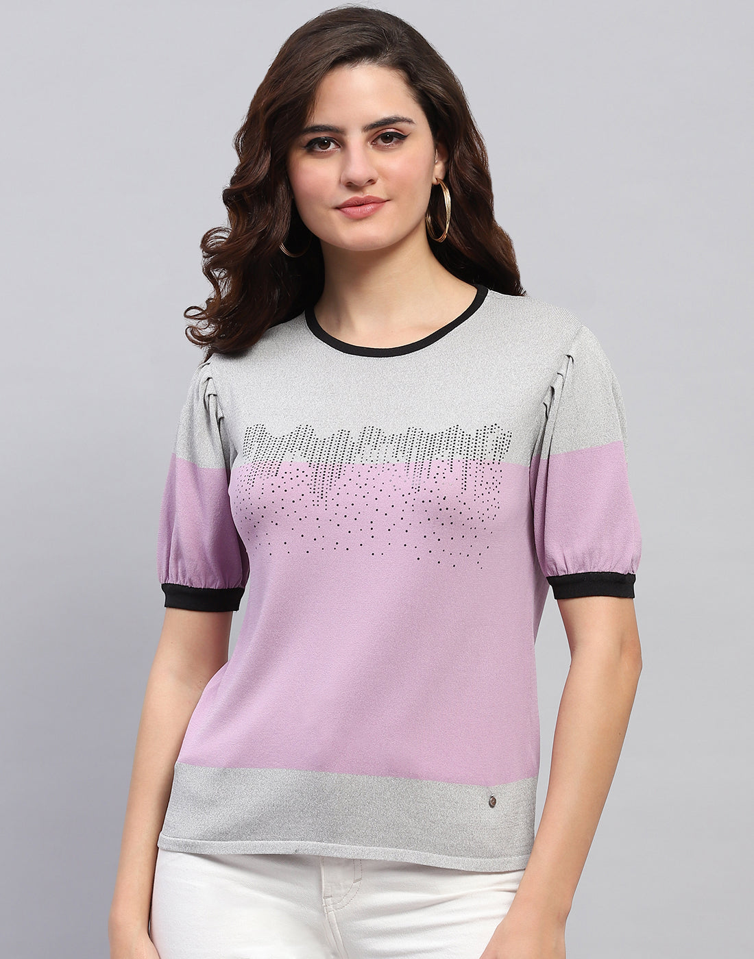 Women Grey Colourblocked Round Neck Half Sleeve Top