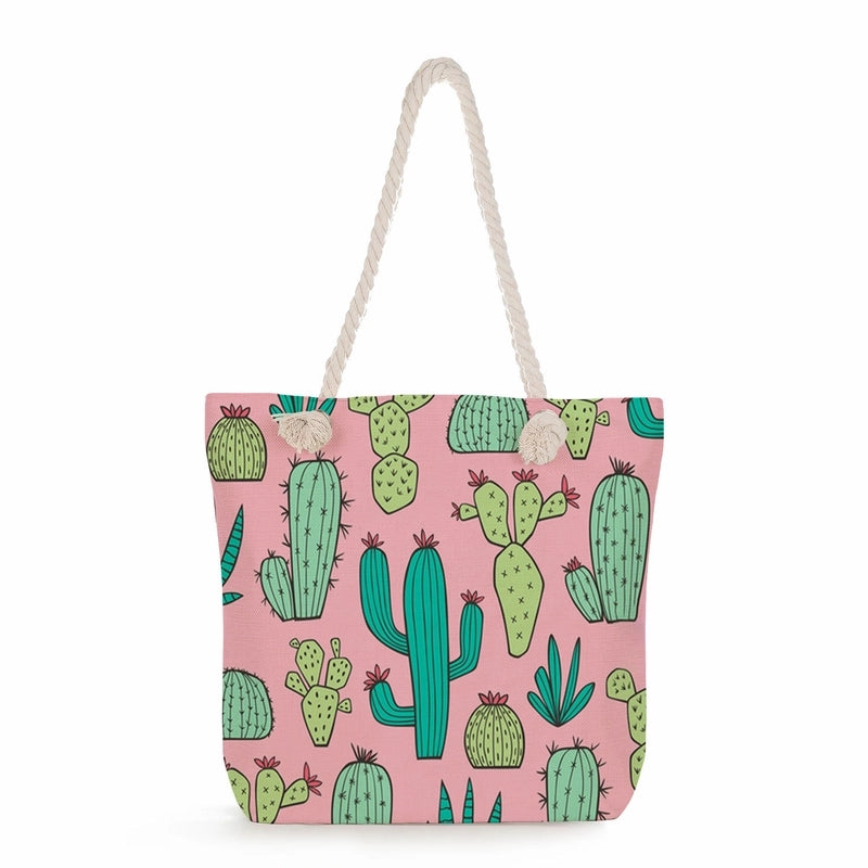 Women's Medium Linen Cactus Vacation Classic Style Square Zipper Tote Bag Beach Bag