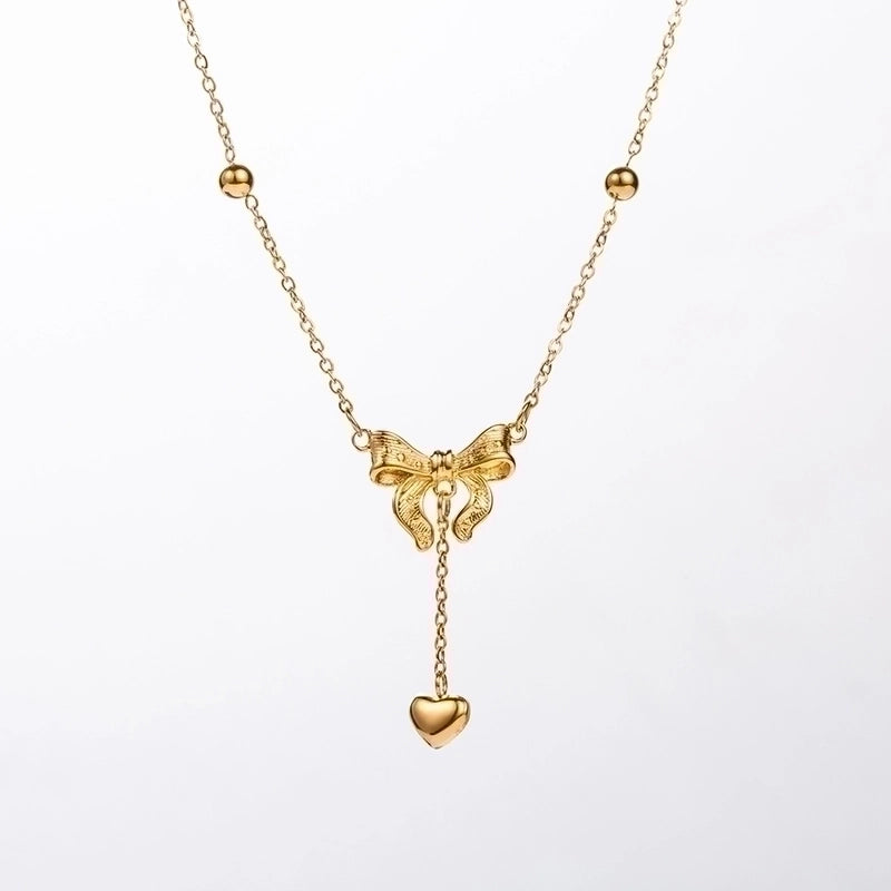 Cute Streetwear Little Bear Heart Shape Bow Knot 304 Stainless Steel 14K Gold Plated Pendant Necklace Necklace