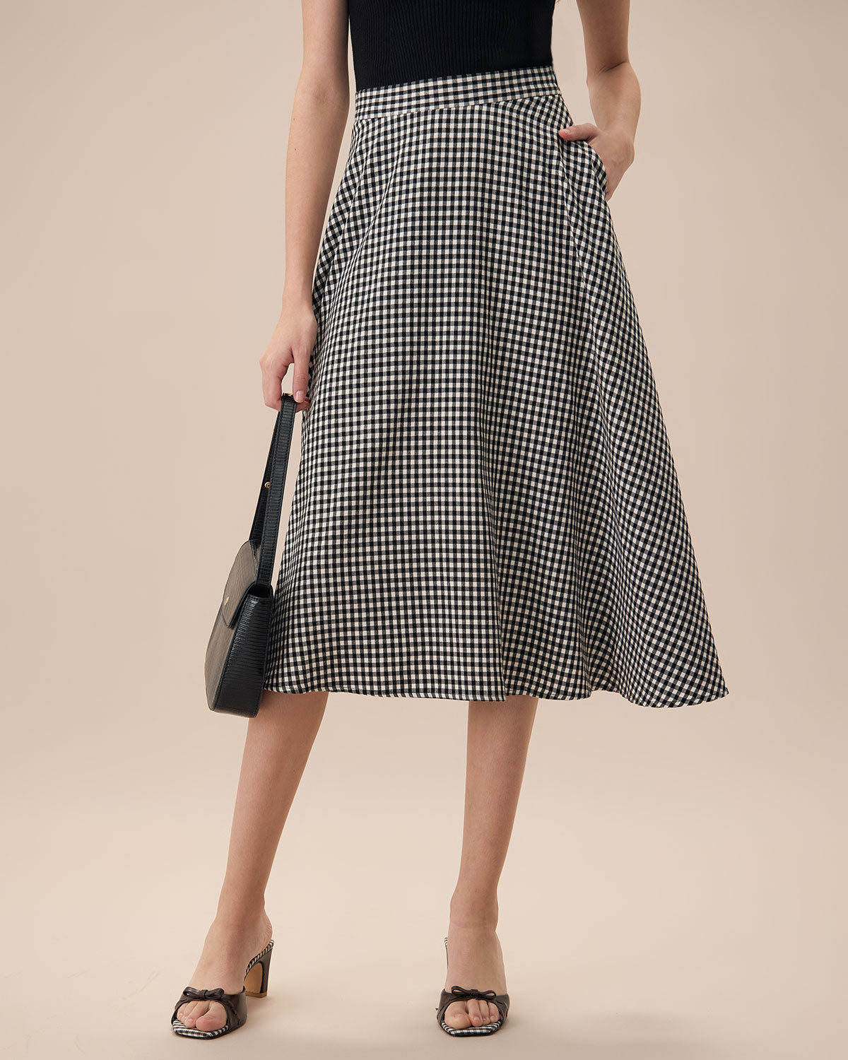 The Black High Waisted Plaid Pocket Midi Skirt