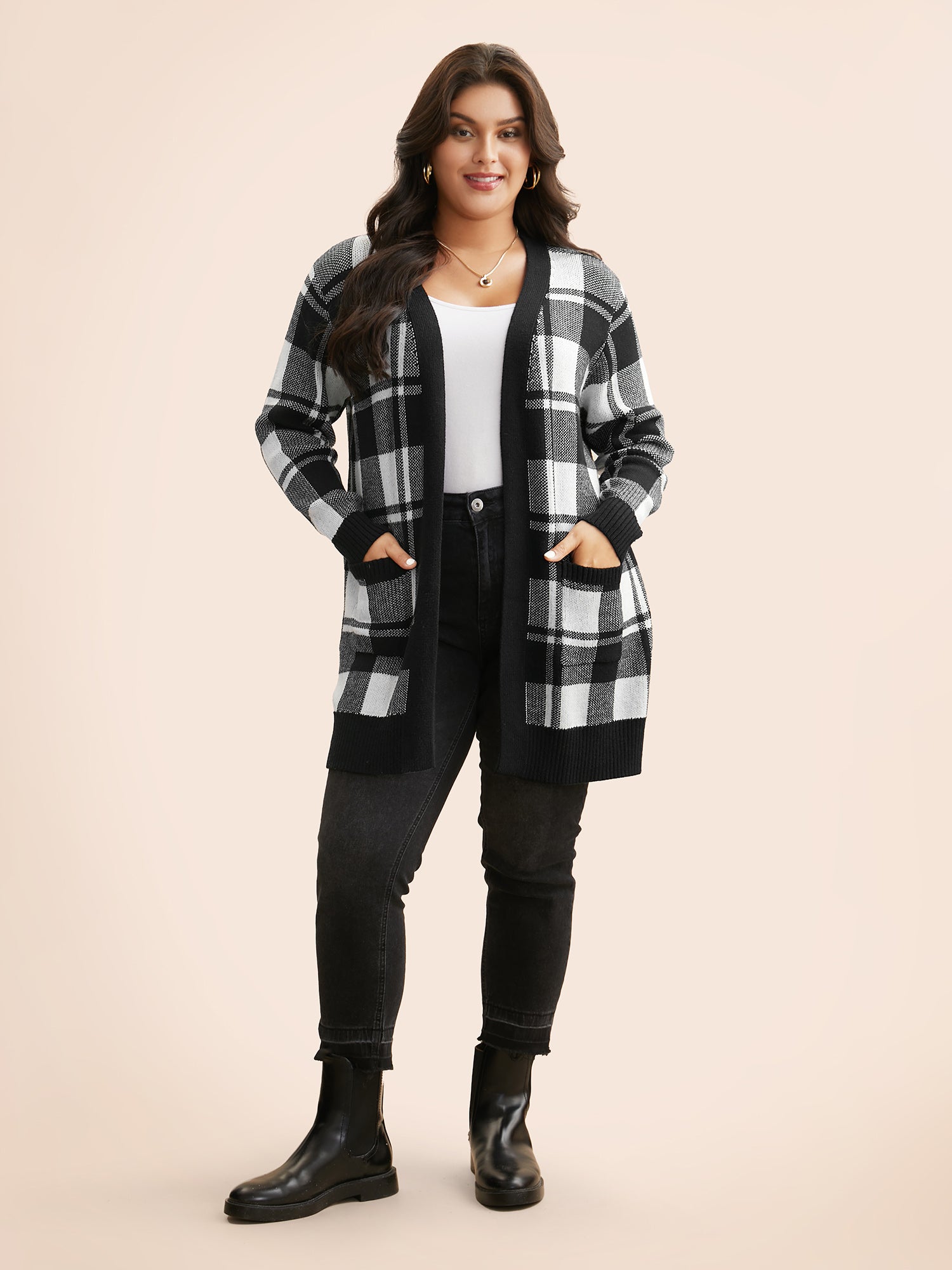 Kimono Collar Plaid Slit Hem Cardigan