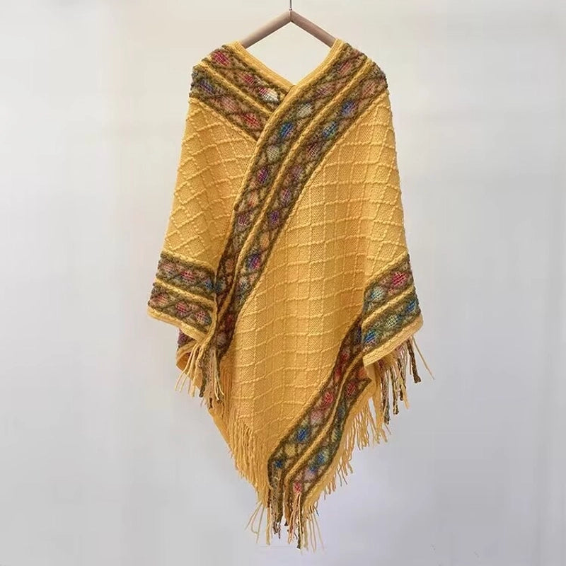 Rainbow Plaid Ethnic Style Cashmere-like Tassel Knitted Shawl For Women New Versatile Travel Warm Pullover Cape Manufacturer